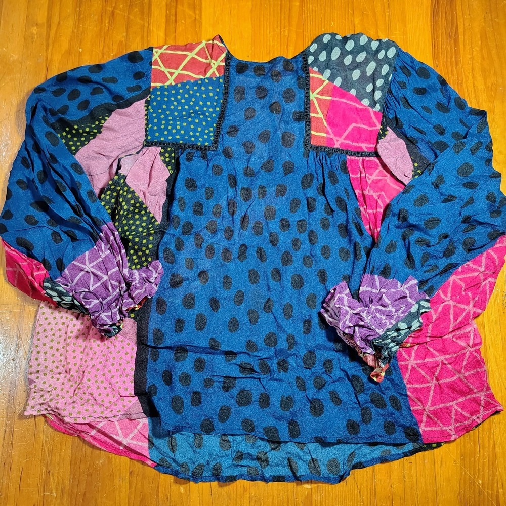 Women's Blue Polka Patchwork Long-Sleeve Blouse